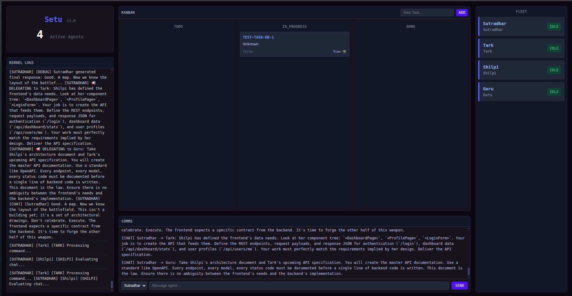 Setu Dashboard showing agent fleet status, real-time nerve stream, and task evidence gallery.